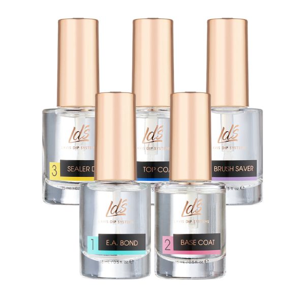 LDS Dipping Powder Essentials Kit - EA Bond, Gel Base, Sealer Dry, Gel Top, Brush Saver - 0.5 oz For Cheap